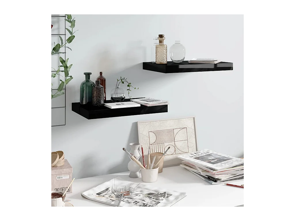 Wandschappen zwevend 2 st 40x23x3,8 cm MDF hoogglans zwart