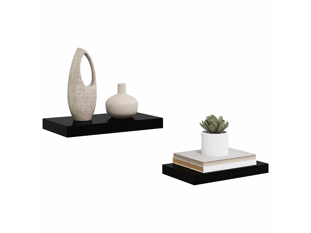 Schweberegale 2 Stk. Hochglanz-Schwarz 40x23,5x3,8 cm MDF