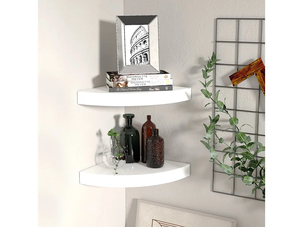 Schwebende Eckregale 2 Stk. Hochglanz-Weiß 25x25x3,8 cm MDF