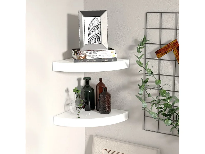 Mensole Angolari Sospese 2 pz Bianco Lucido 25x25x3,8 cm MDF