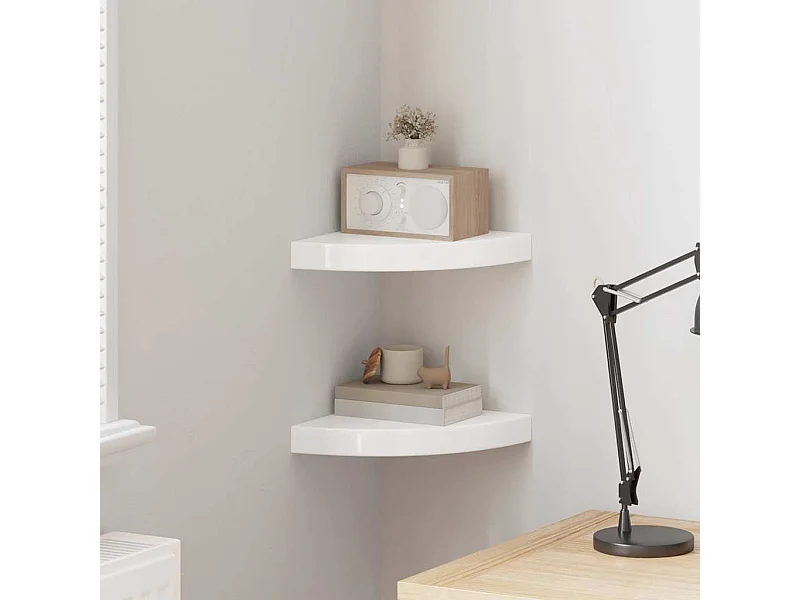 Prateleiras de canto flutuantes 2 peças branco alto brilho 25x25x3,8 cm MDF