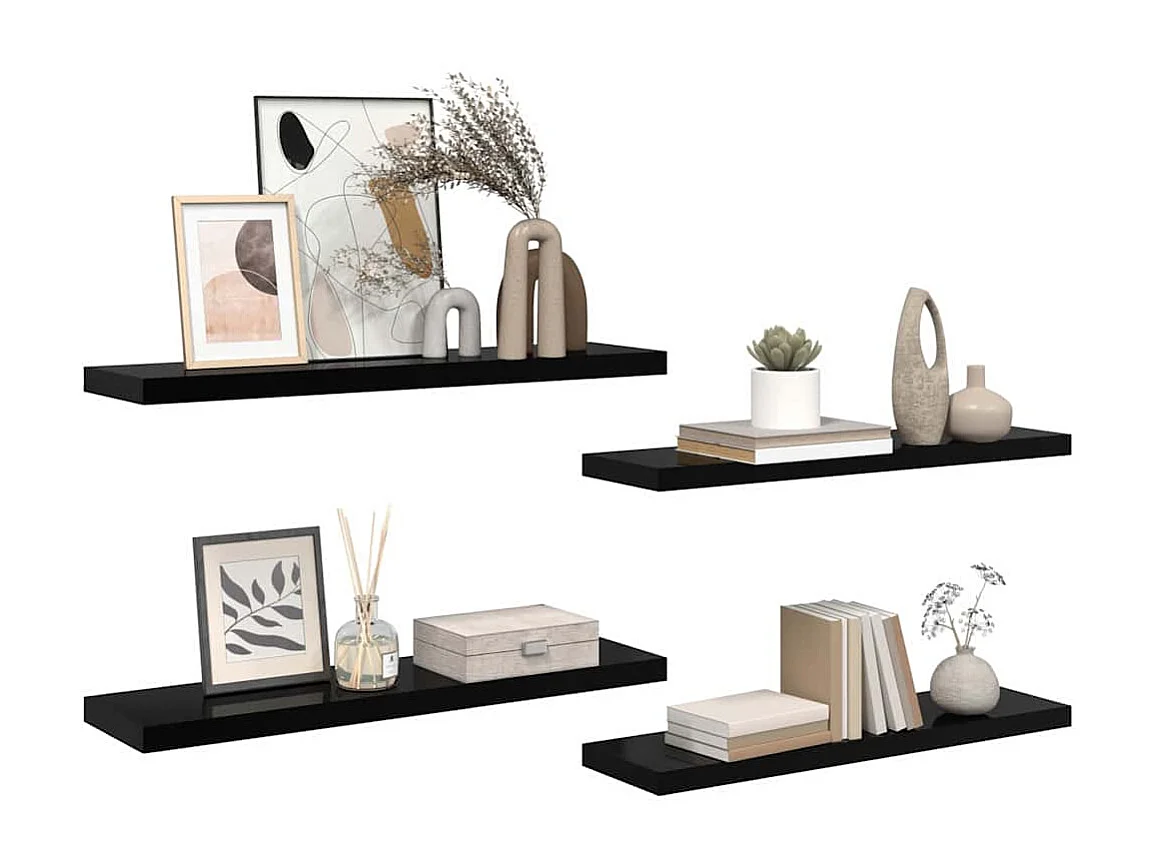 Étagère murale flottante 4 pcs Noir brillant 90x23,5x3,8 cm MDF