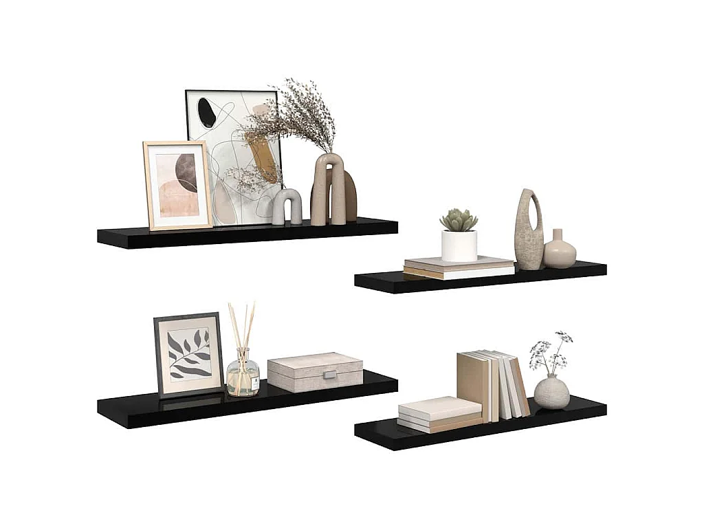 Étagère murale flottante 4 pcs Noir brillant 90x23,5x3,8 cm MDF