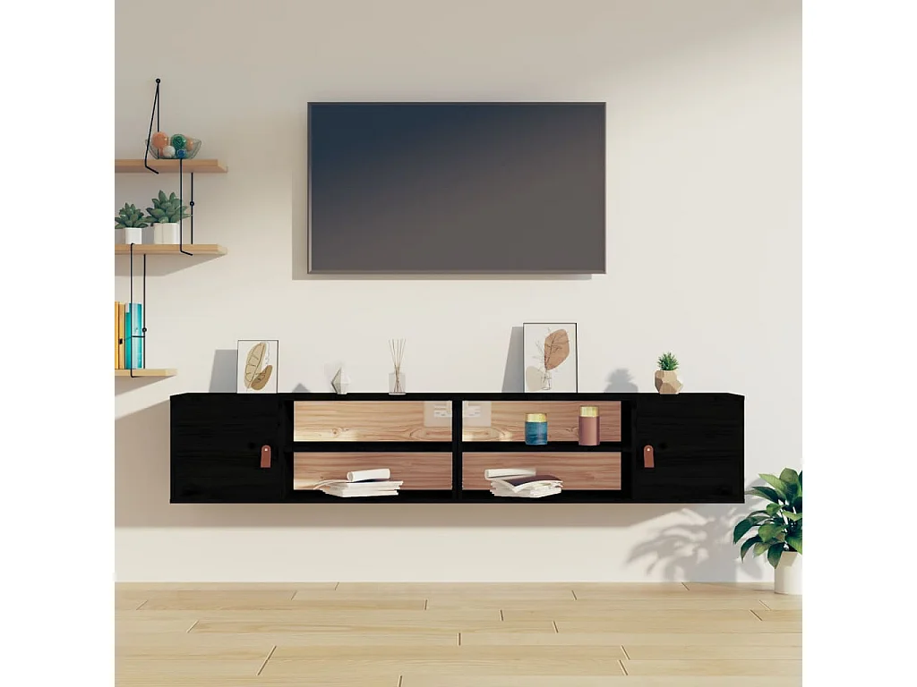 Pensili 2 pz Neri 80x30x30 cm in Legno Massello di Pino