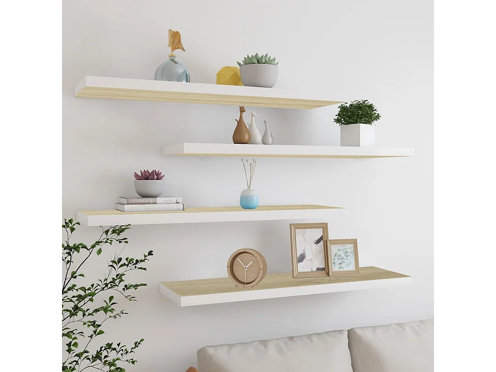 Schweberegale 4 Stk. Eiche und Weiß 90x23,5x3,8 cm MDF