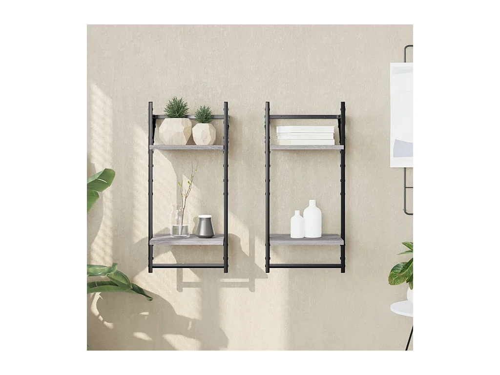 Wandschappen 2-laags met stangen 2 st 30x25x65 cm grijs sonoma