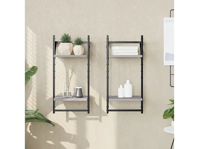 Wandregale mit 2 Ablagen & Stangen 2 Stk Grau Sonoma 30x25x65cm