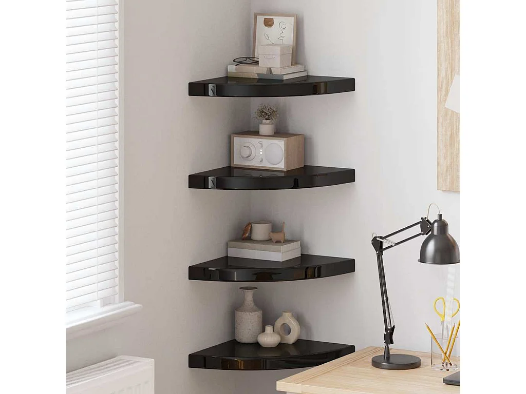 Hoekschappen zwevend 4 st 35x35x3,8 cm MDF hoogglans zwart