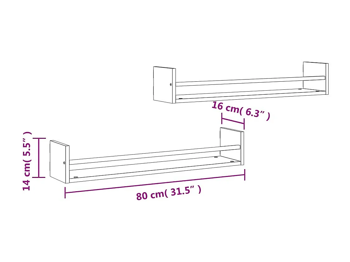 Prateleiras de parede c/ barras 2 pcs 80x16x14 cm cinza sonoma
