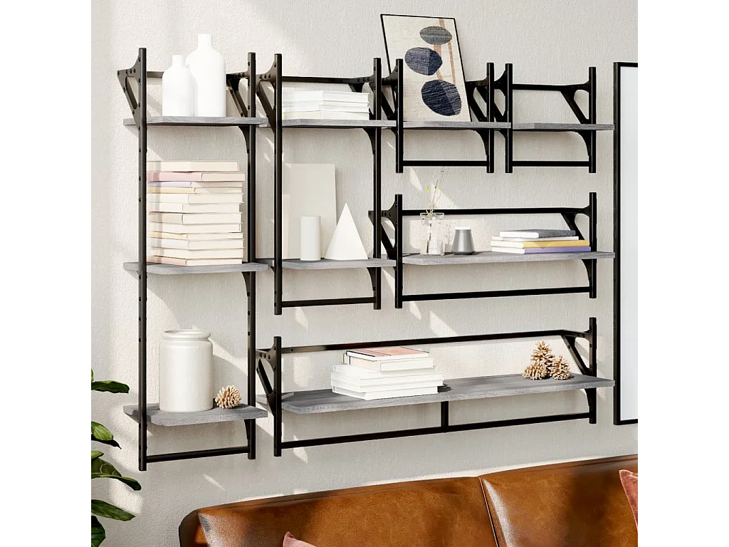 Set Mensole Parete con Aste 6pz Grigio Sonoma Legno Multistrato