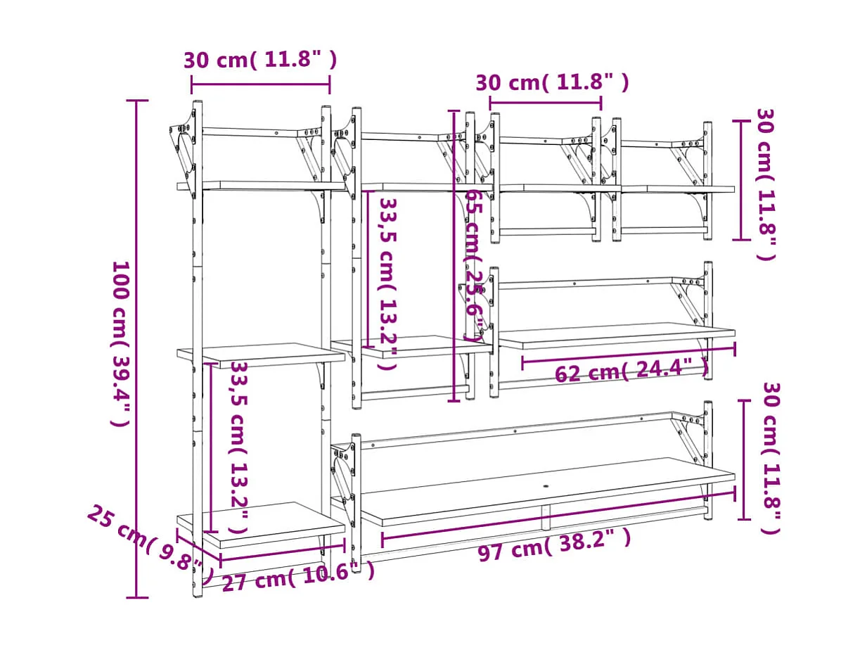 Set Mensole Parete con Aste 6pz Grigio Sonoma Legno Multistrato