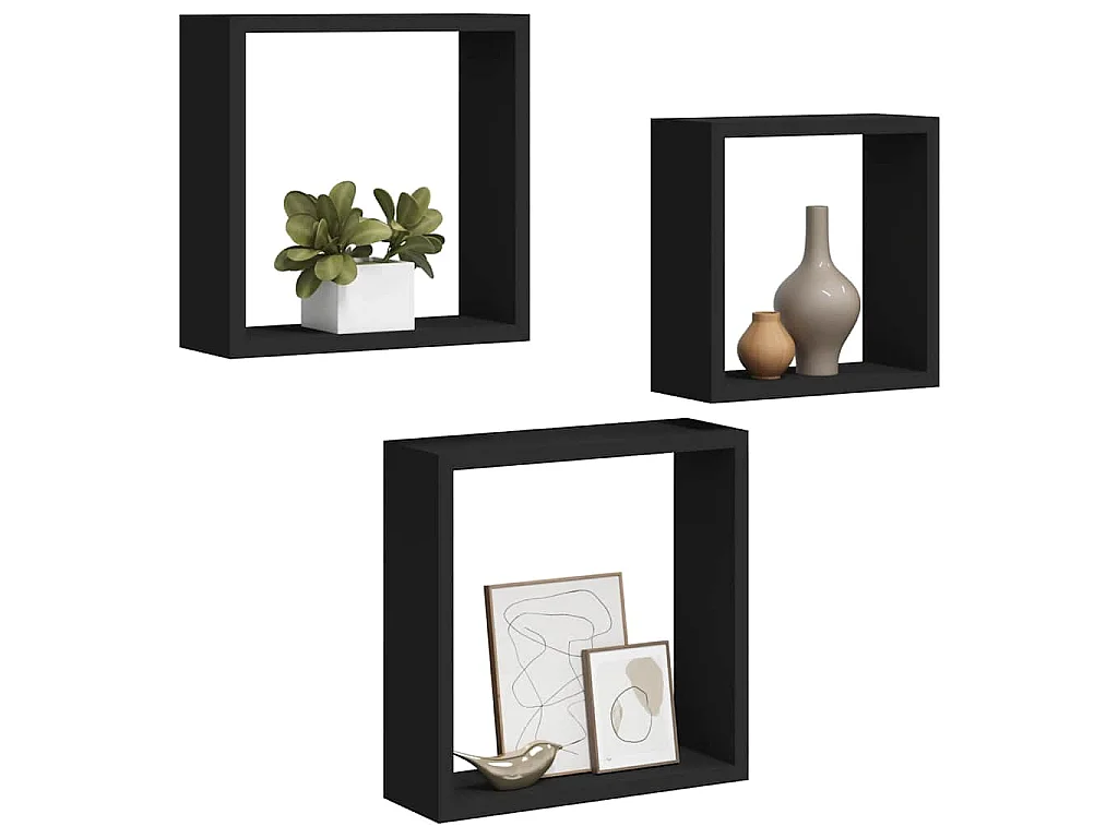 Étagères murales sous forme de cube 3 pcs Noir MDF