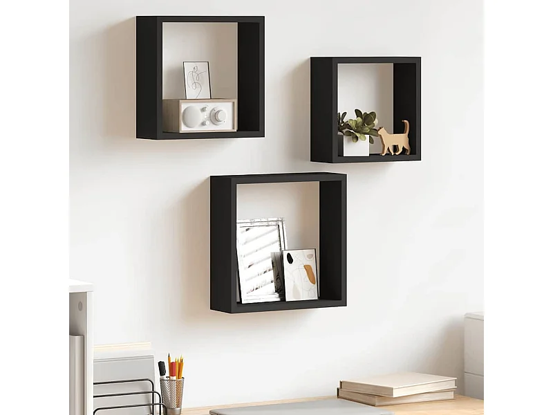 Estantes cubo de pared 3 unidades MDF negro