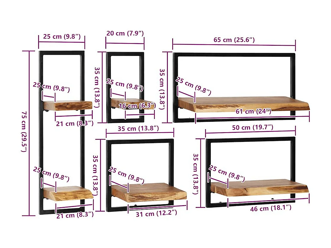 Conjunto prateleiras de parede 5 pcs madeira acácia maciça/aço
