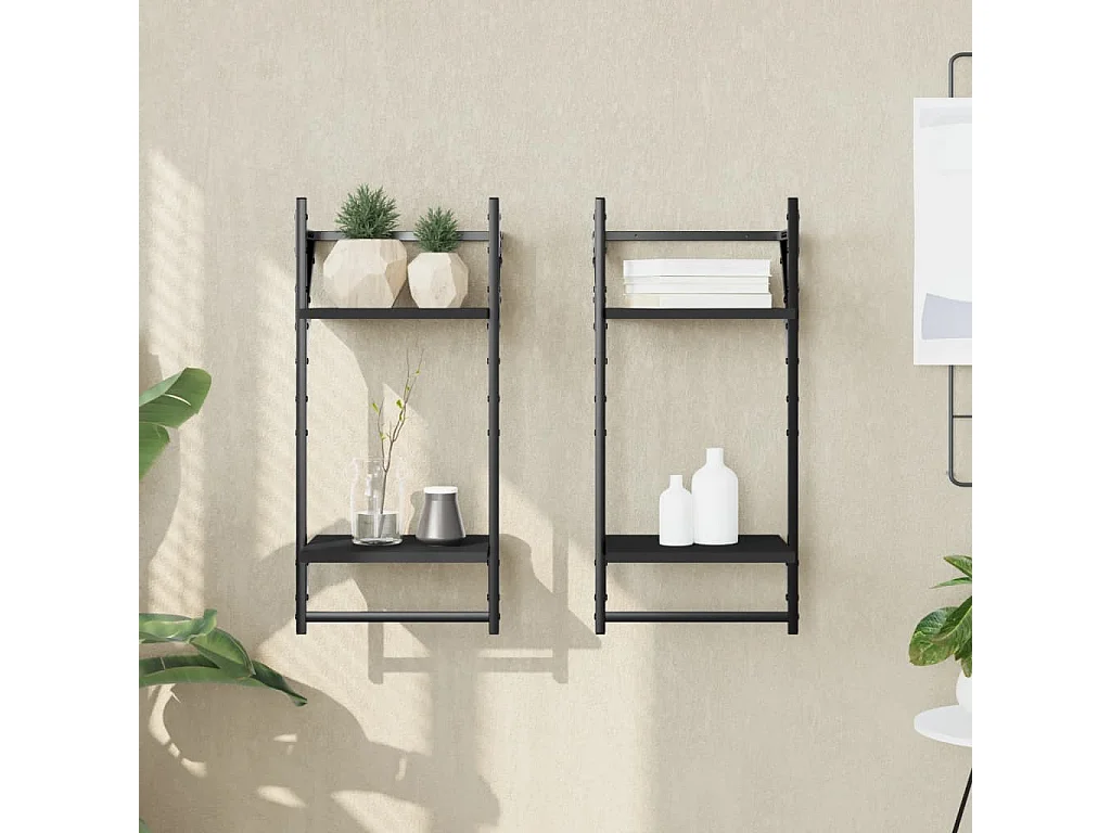 Estantes de pared 2 niveles con barras 2 uds negro 30x25x65 cm