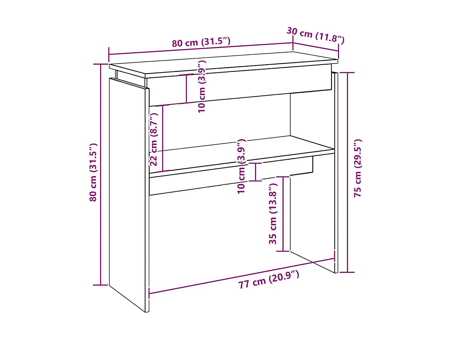 Mesa consola 80x30x80 cm derivados de madeira branco