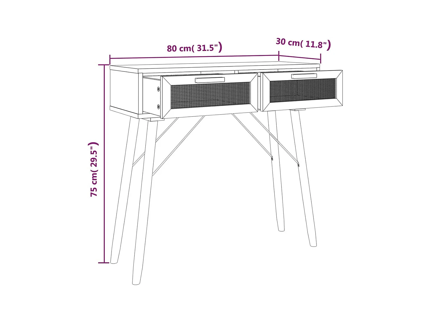 Table console Marron 80x30x75 cm Bois massif pin /rotin naturel