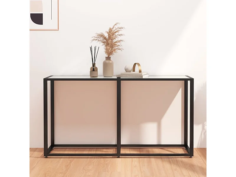 Tavolo Consolle Bianco Marmo 140x35x75,5 cm in Vetro Temperato