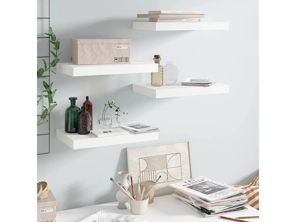 Wandschappen zwevend 4 st 40x23x3,8 cm MDF hoogglans wit