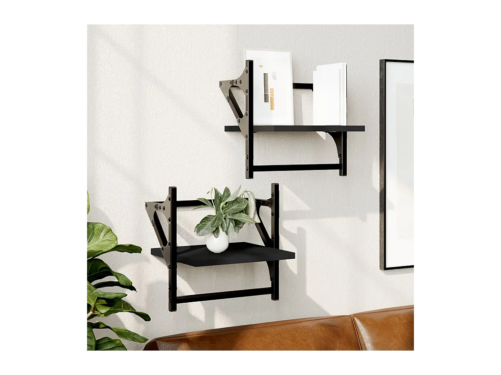 Wandregale mit Stangen 2 Stk. Schwarz 30x25x30 cm