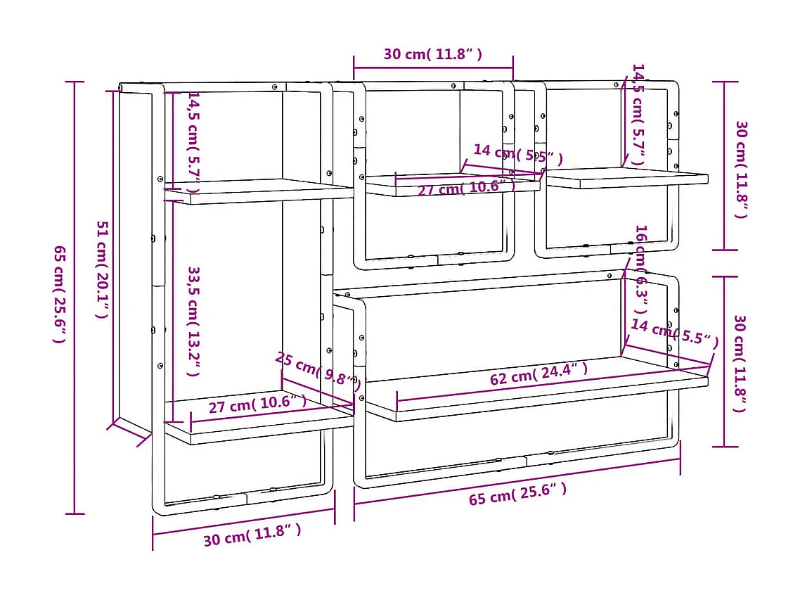 Ensemble d'étagères murales avec barres 4 pcs sonoma gris