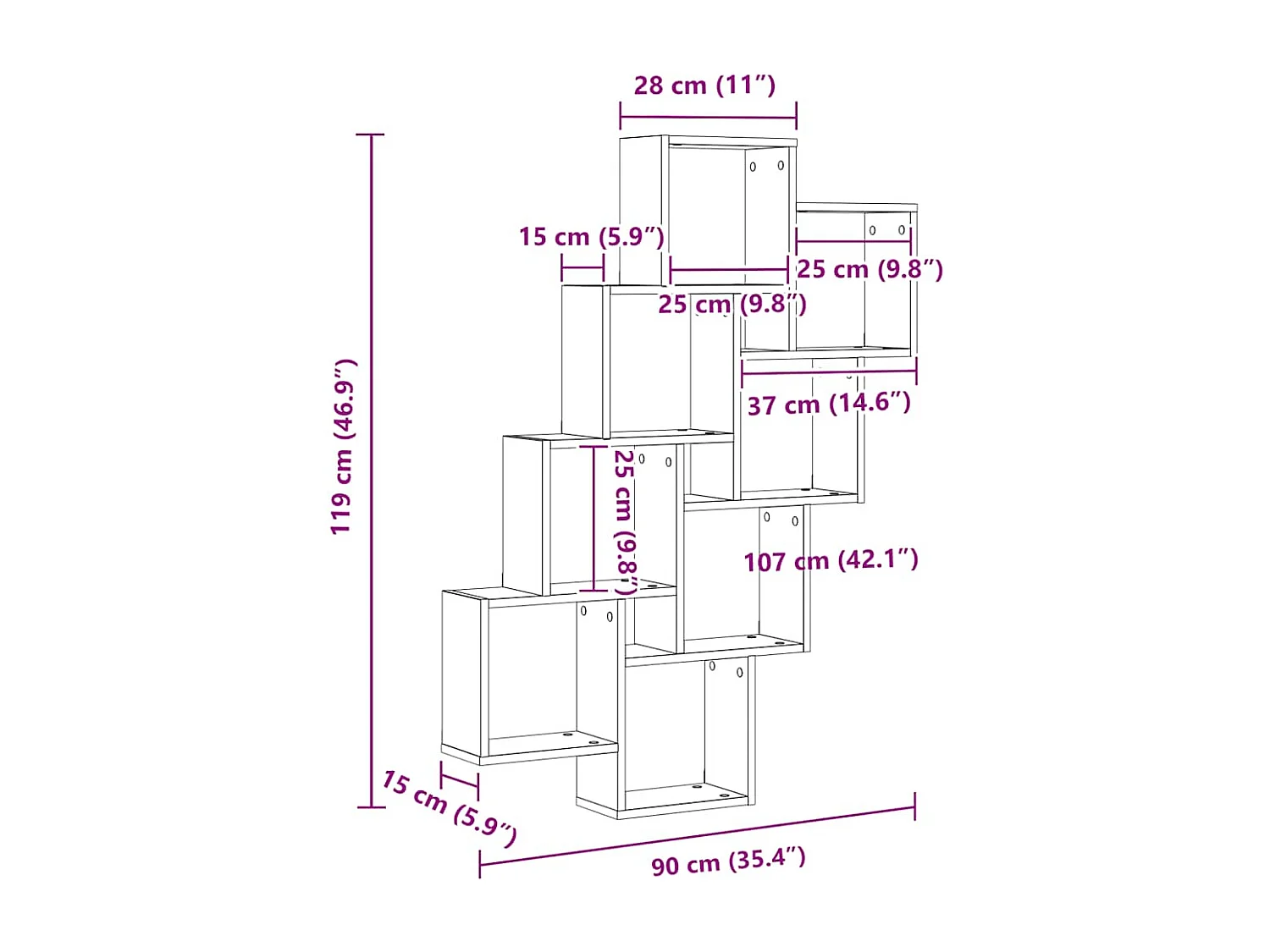 Étagère murale cube Noir 90x15x119 cm Bois d’ingénierie
