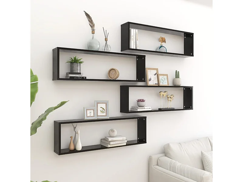 Prateleiras parede forma de cubo 4pcs derivados madeira preto