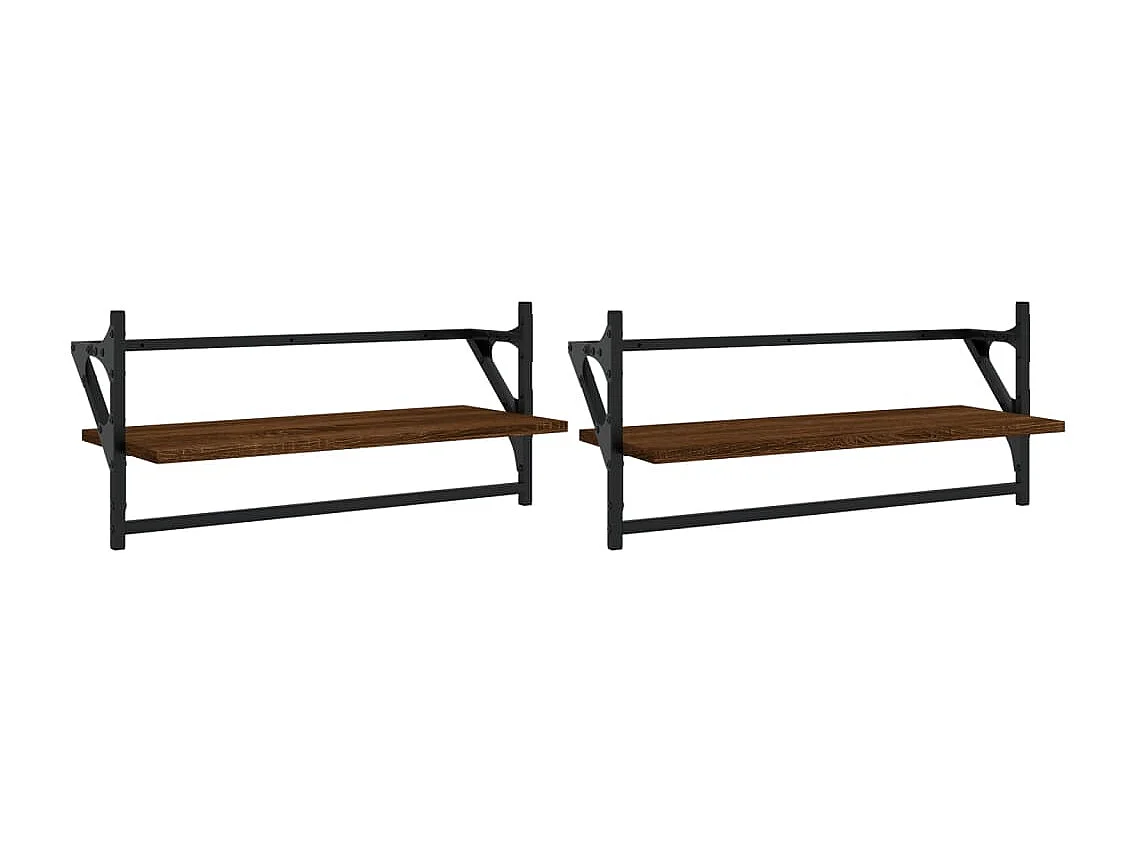 Étagères murales avec barres 2 pcs chêne marron 65x25x30 cm