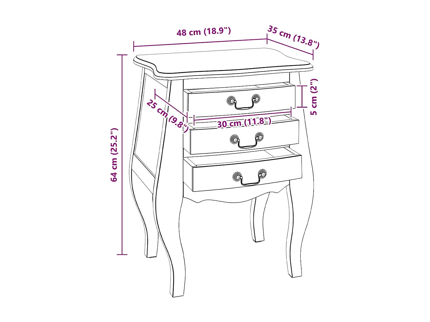 Table de chevet bois d'acajou massif 48x35x64 cm