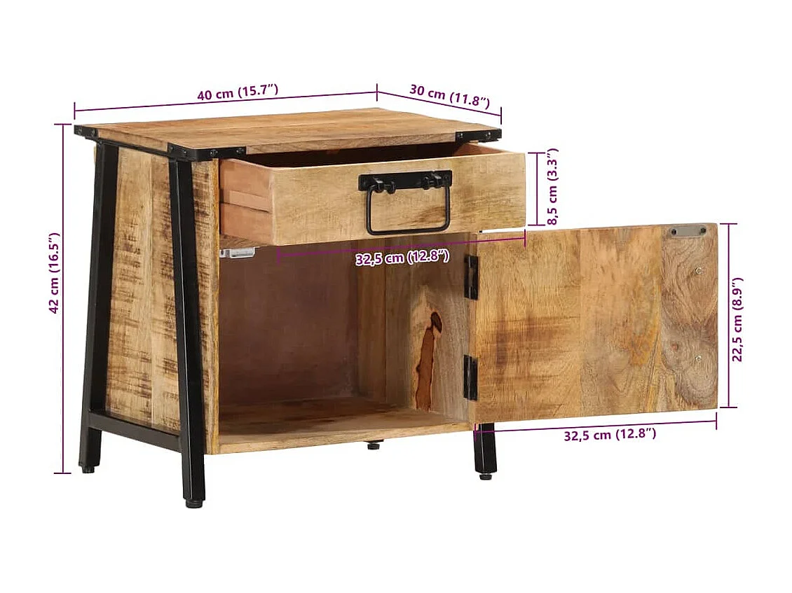 Comodino 40x30x42 cm in Legno Massello di Mango