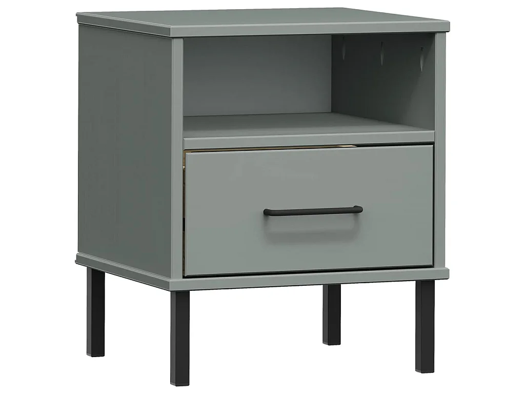 Comodino con Gambe in Metallo Grigio Legno Massello Pino OSLO