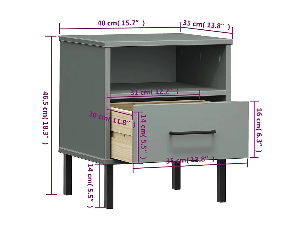 Comodino con Gambe in Metallo Grigio Legno Massello Pino OSLO