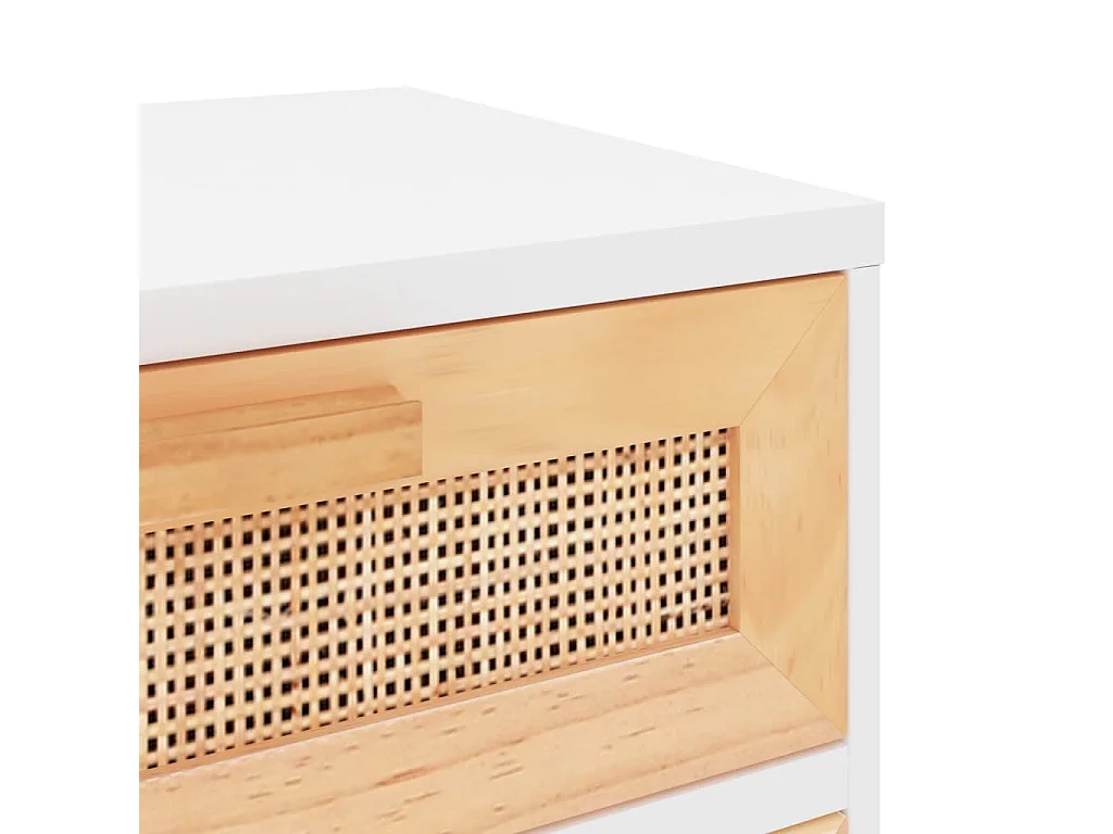 Nachttische 2 Stk. Weiß Massivholz Kiefer und Natur-Rattan
