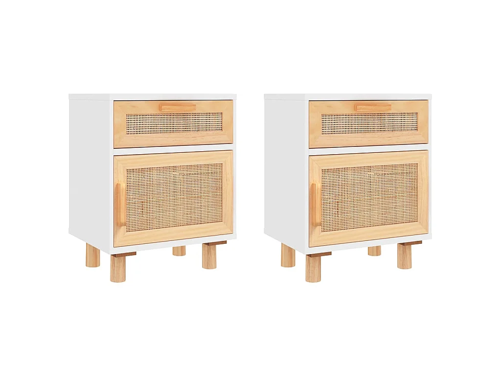 Tables de chevet 2pcs Blanc Bois de pin massif et rotin naturel