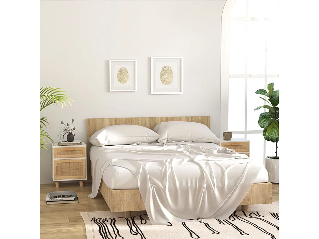 Tables de chevet 2pcs Blanc Bois de pin massif et rotin naturel