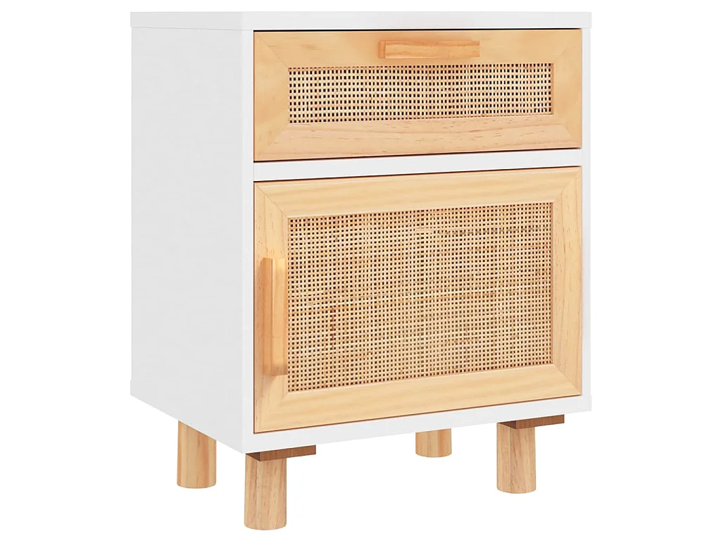 Tables de chevet 2pcs Blanc Bois de pin massif et rotin naturel