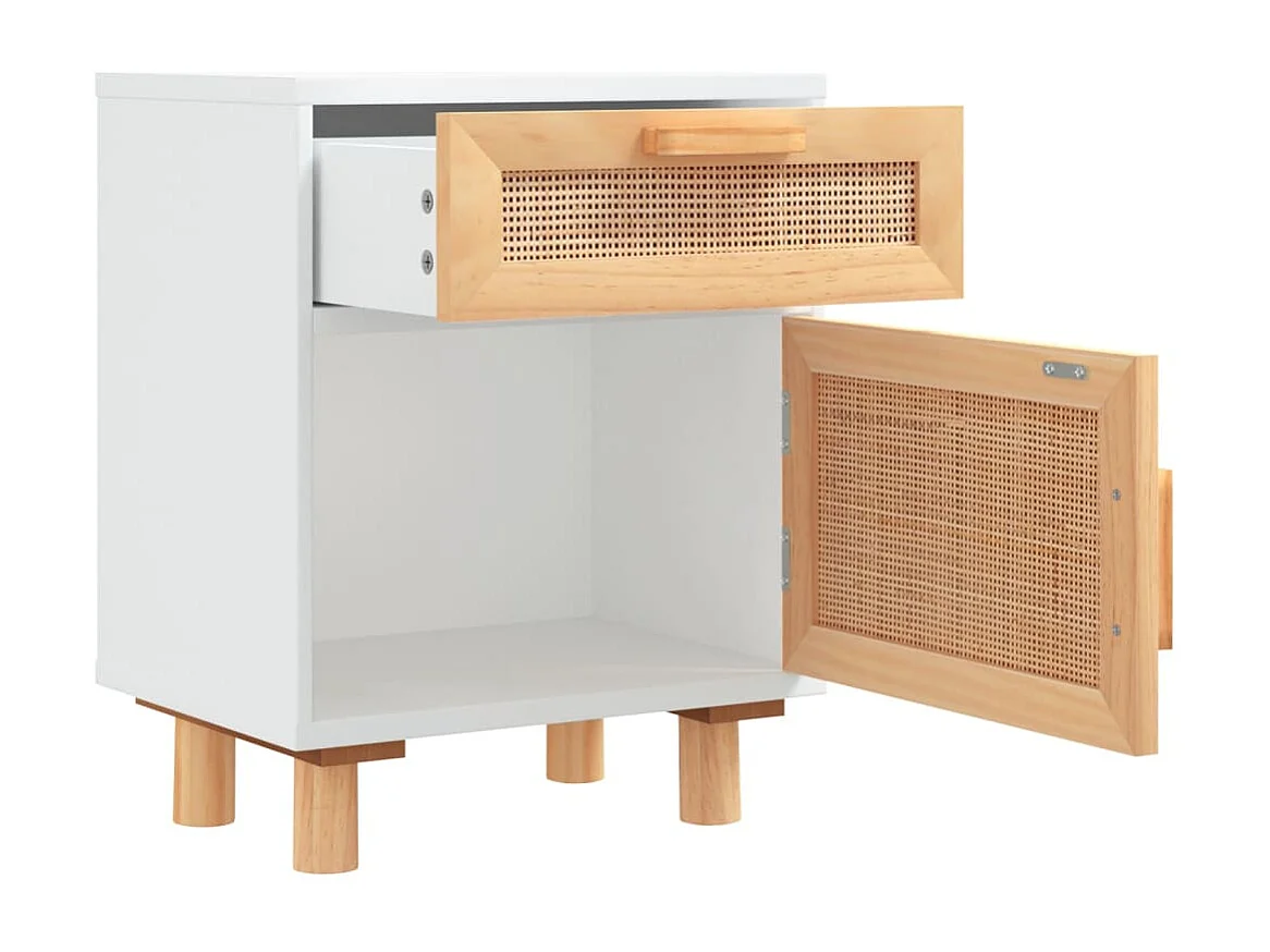 Tables de chevet 2pcs Blanc Bois de pin massif et rotin naturel
