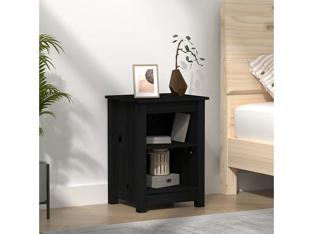 Mesita de noche madera maciza de pino negro 40x35x55 cm