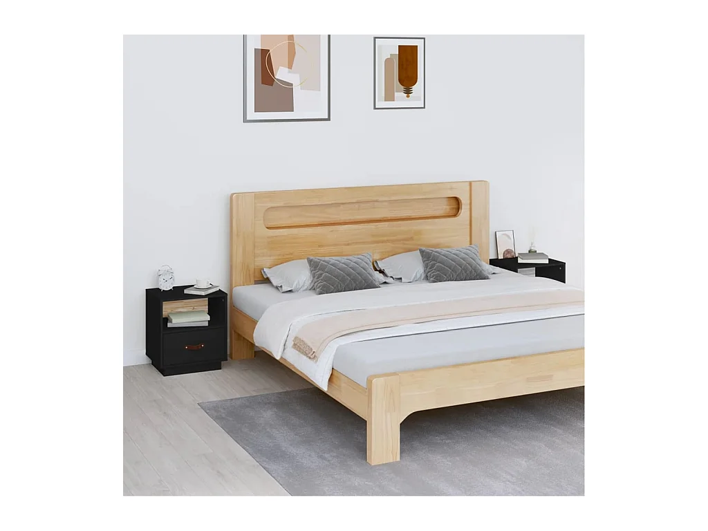Comodini Nero 2 pz 40x34x45 cm in Legno Massello di Pino