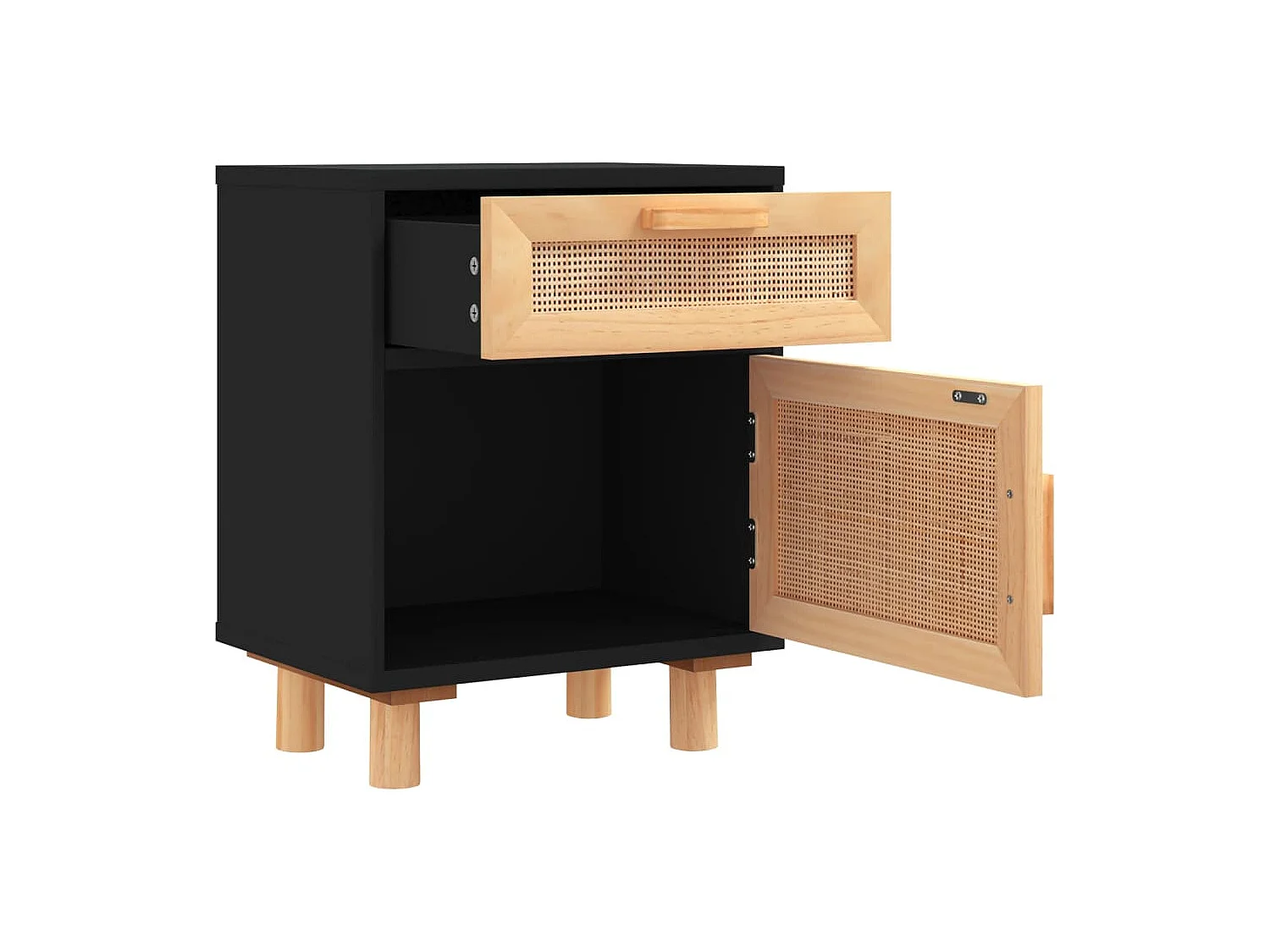 Nachttische 2 Stk. Schwarz Massivholz Kiefer und Natur-Rattan