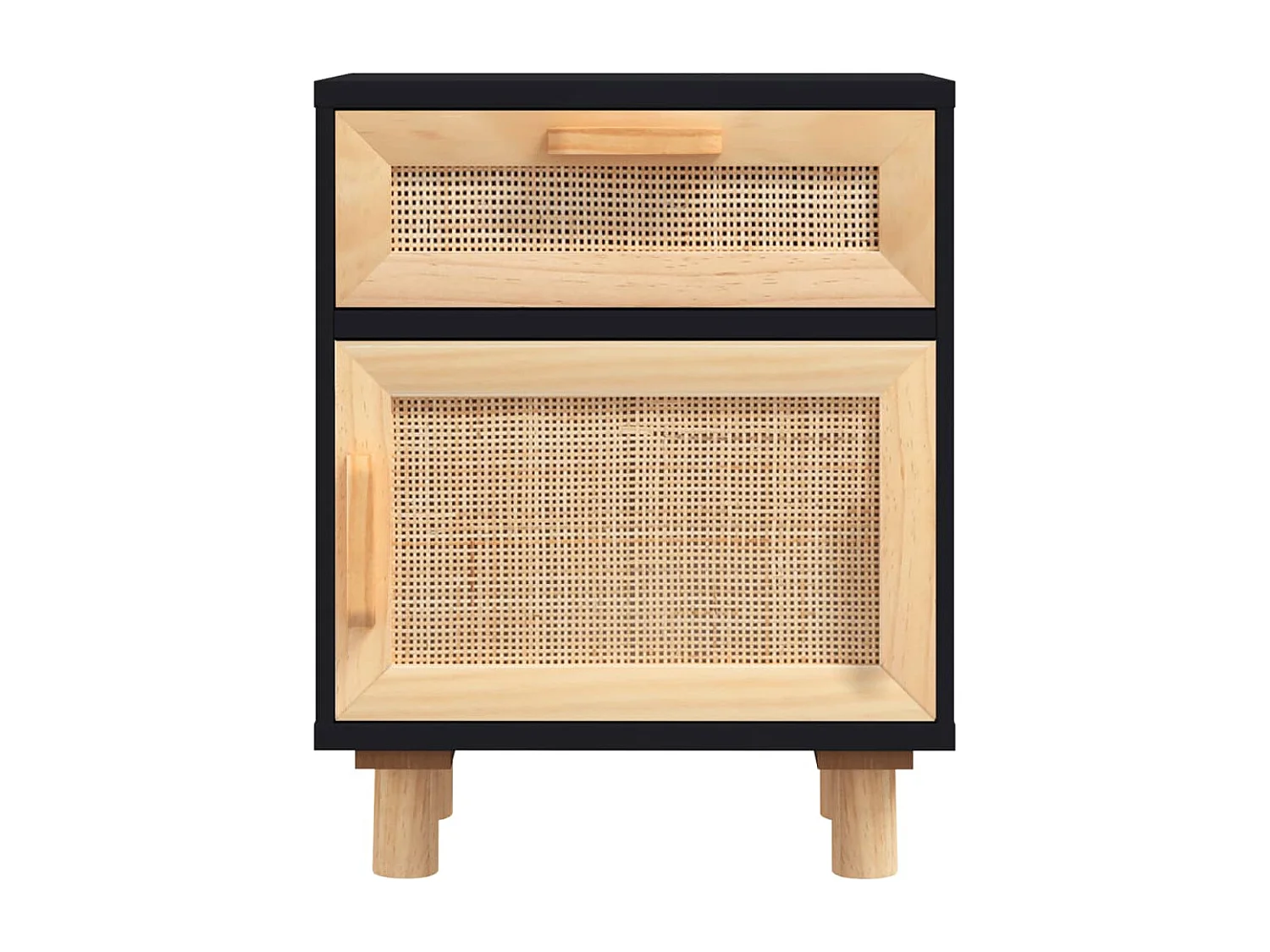 Nachttische 2 Stk. Schwarz Massivholz Kiefer und Natur-Rattan