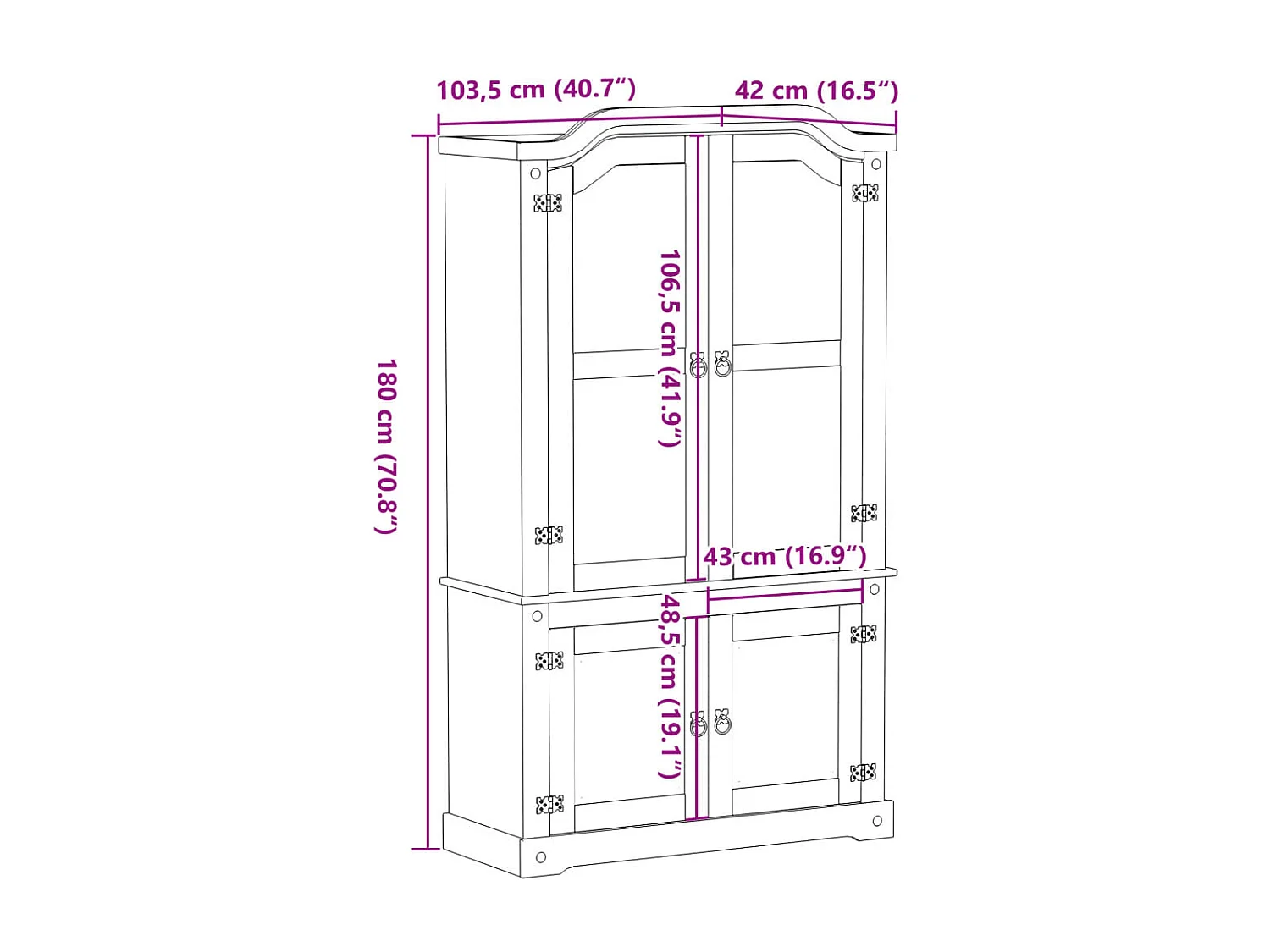 Vitrinekast Corona 103,5x42x180 cm massief grenenhout