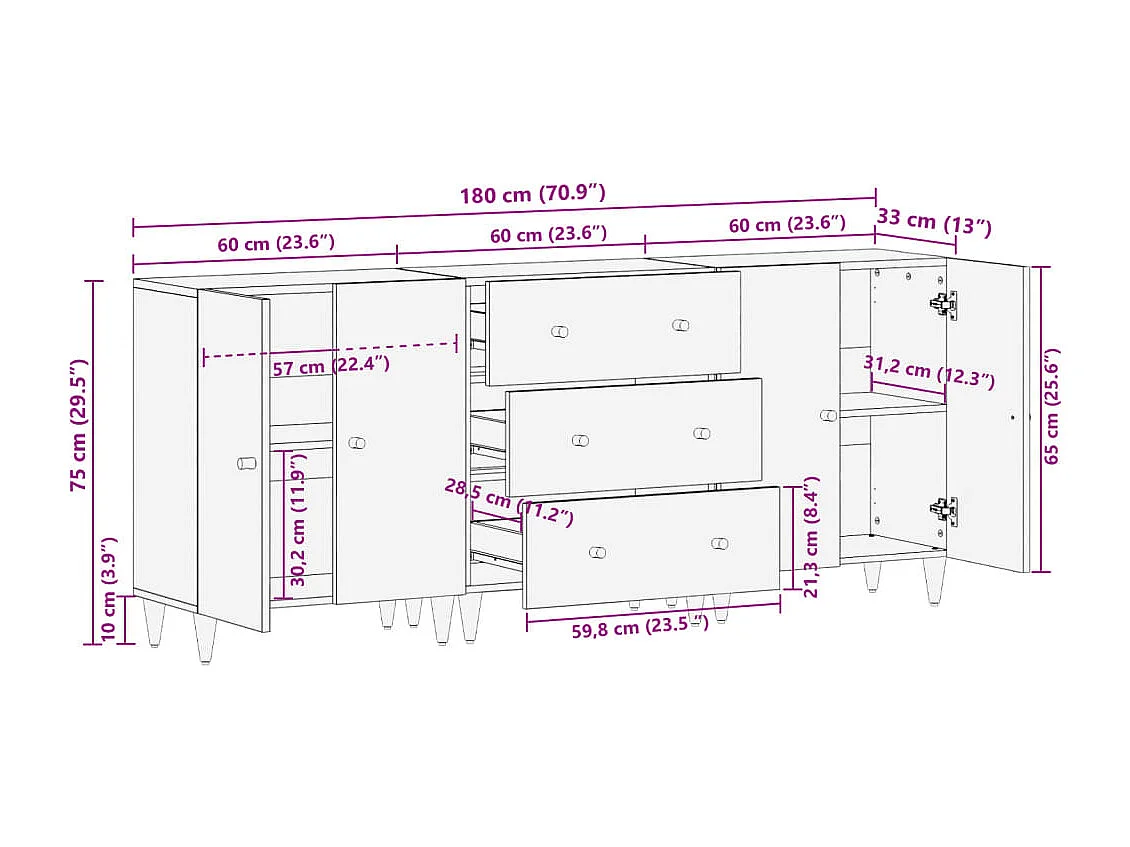 Aparador 3 piezas madera maciza de mango 60x33x75 cm