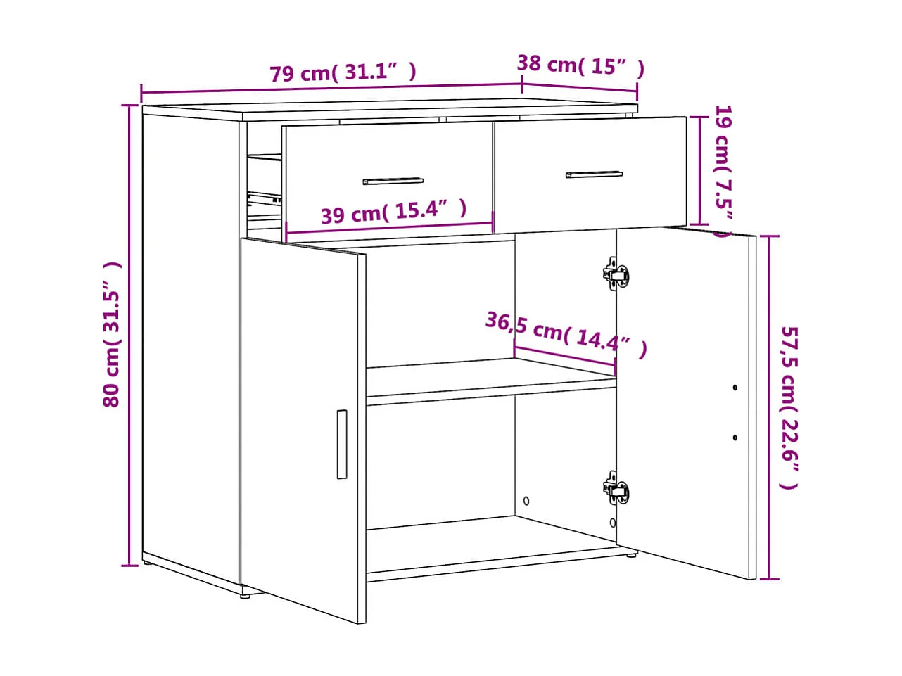 Dressoir 79x38x80 cm bewerkt hout wit