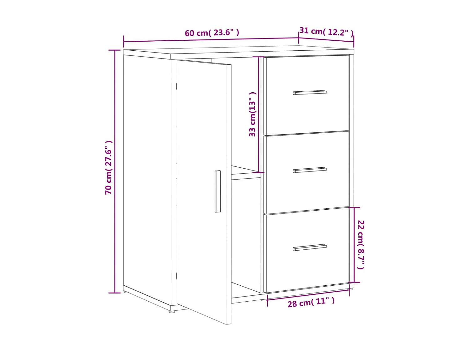 Buffet gris béton 60x31x70 cm bois d'ingénierie