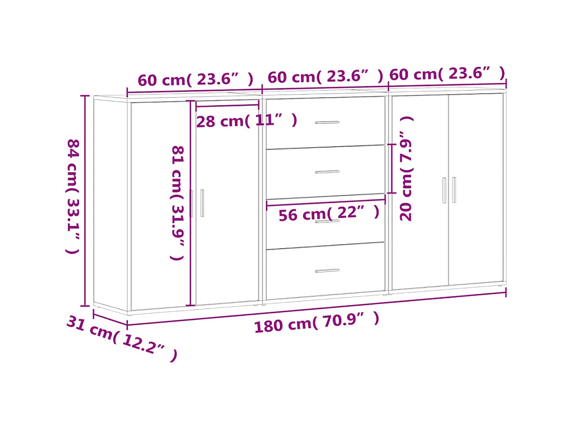 Buffets 3 pcs sonoma gris 60x31x84 cm bois d'ingénierie