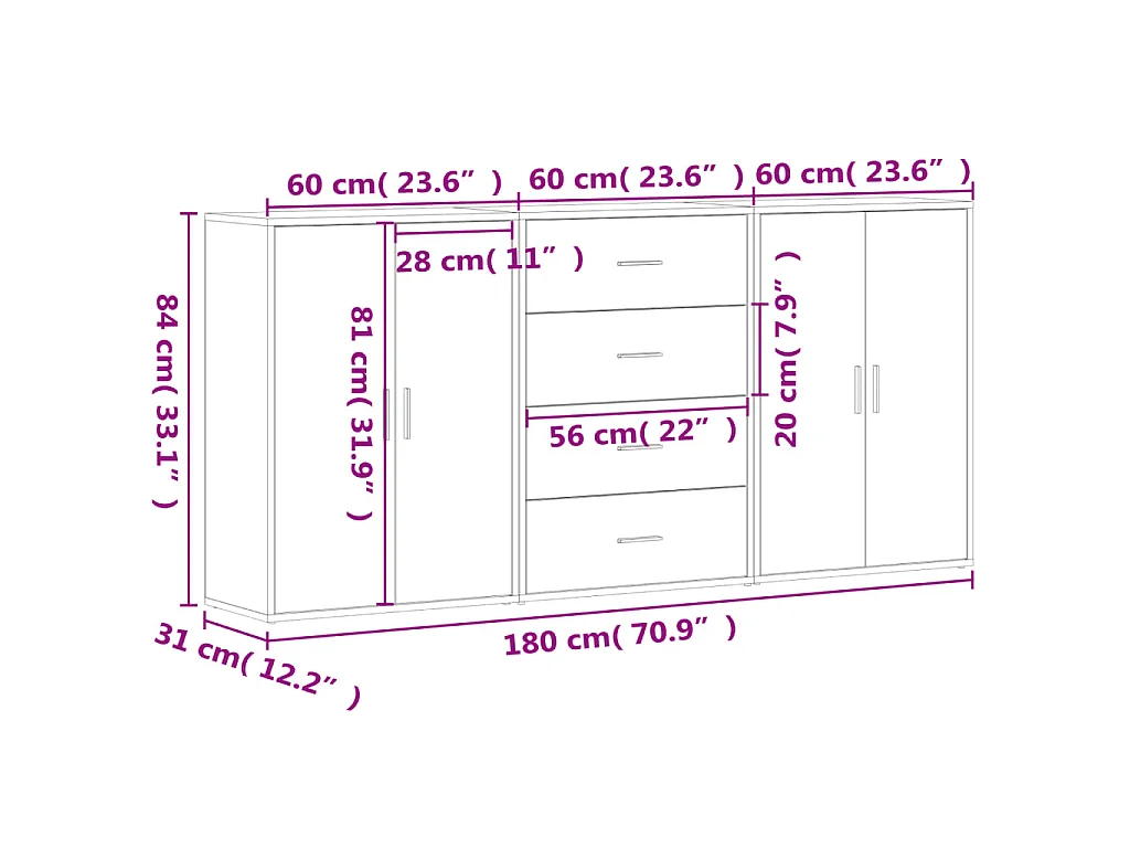 Sideboards 3 Stk. Grau Sonoma 60x31x84 cm Holzwerkstoff