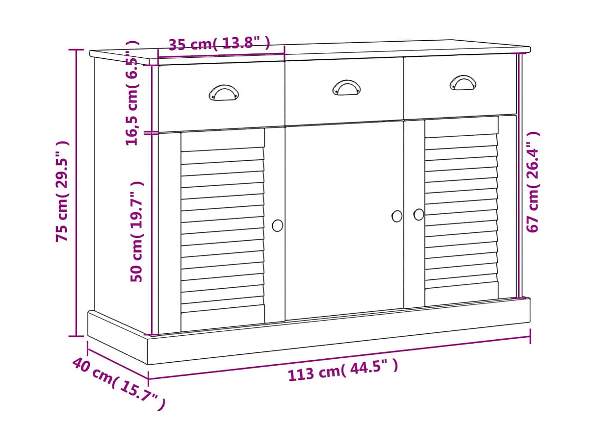 Buffet avec tiroirs VIGO 113x40x75 cm gris bois massif de pin