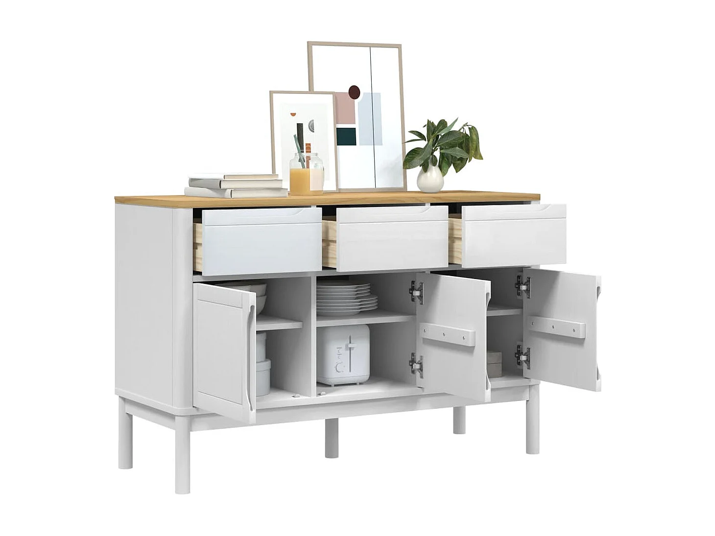 Credenza FLORO Bianca 114x43x74 cm in Legno Massello di Pino