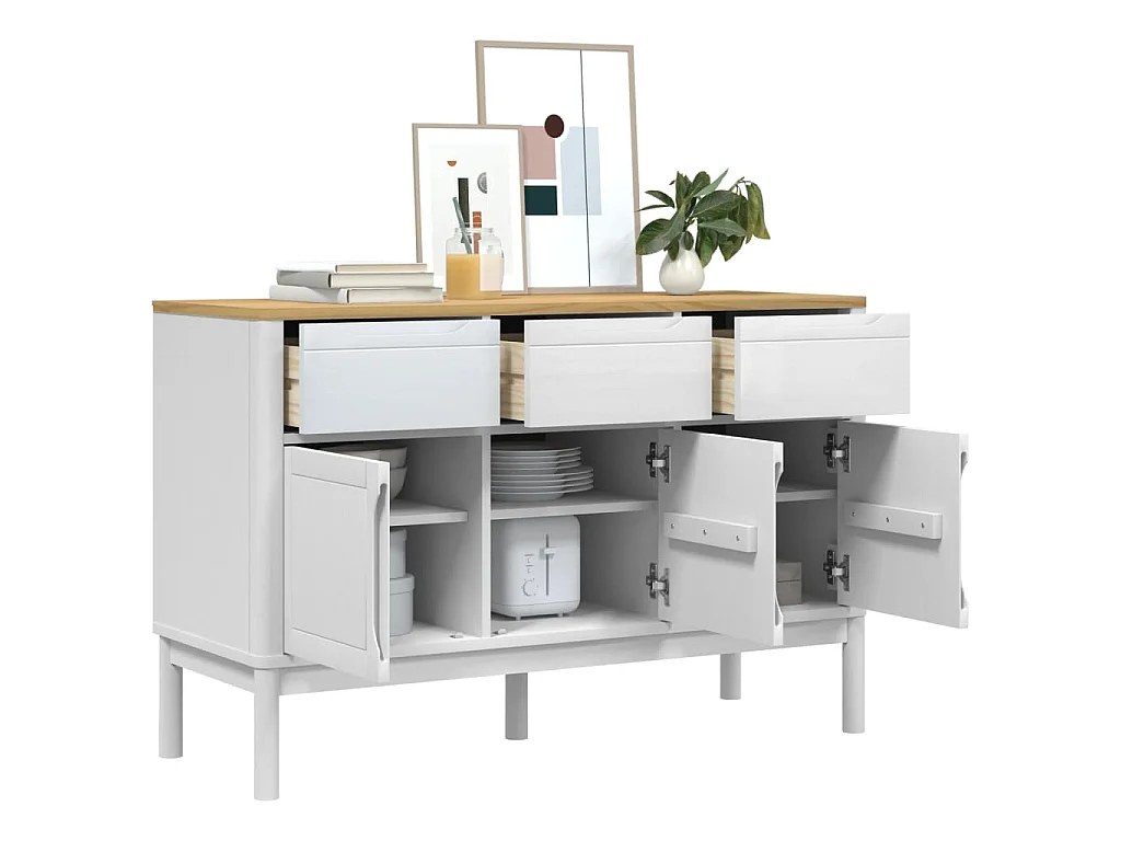 Credenza FLORO Bianca 114x43x74 cm in Legno Massello di Pino